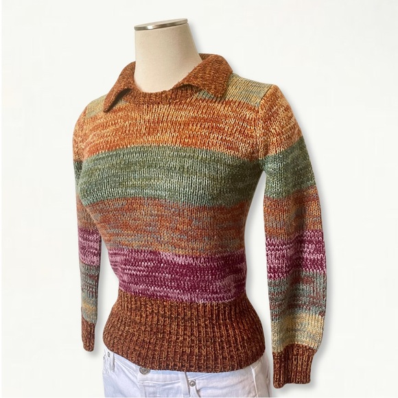 Vintage 1970s Space Dye Colorful Striped Knit Collared Sweater Size Small - Picture 5 of 11